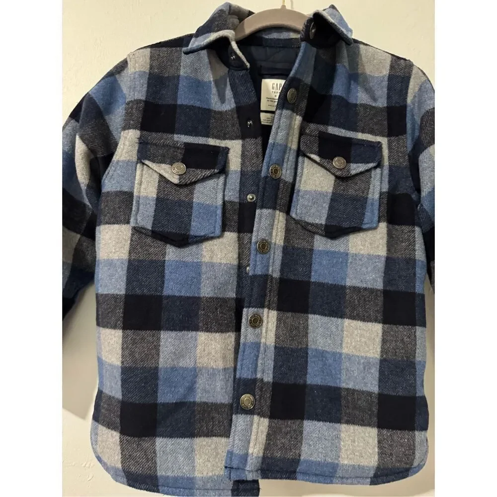 Gap NWT blue plaid check quilted boys shirt jacket M